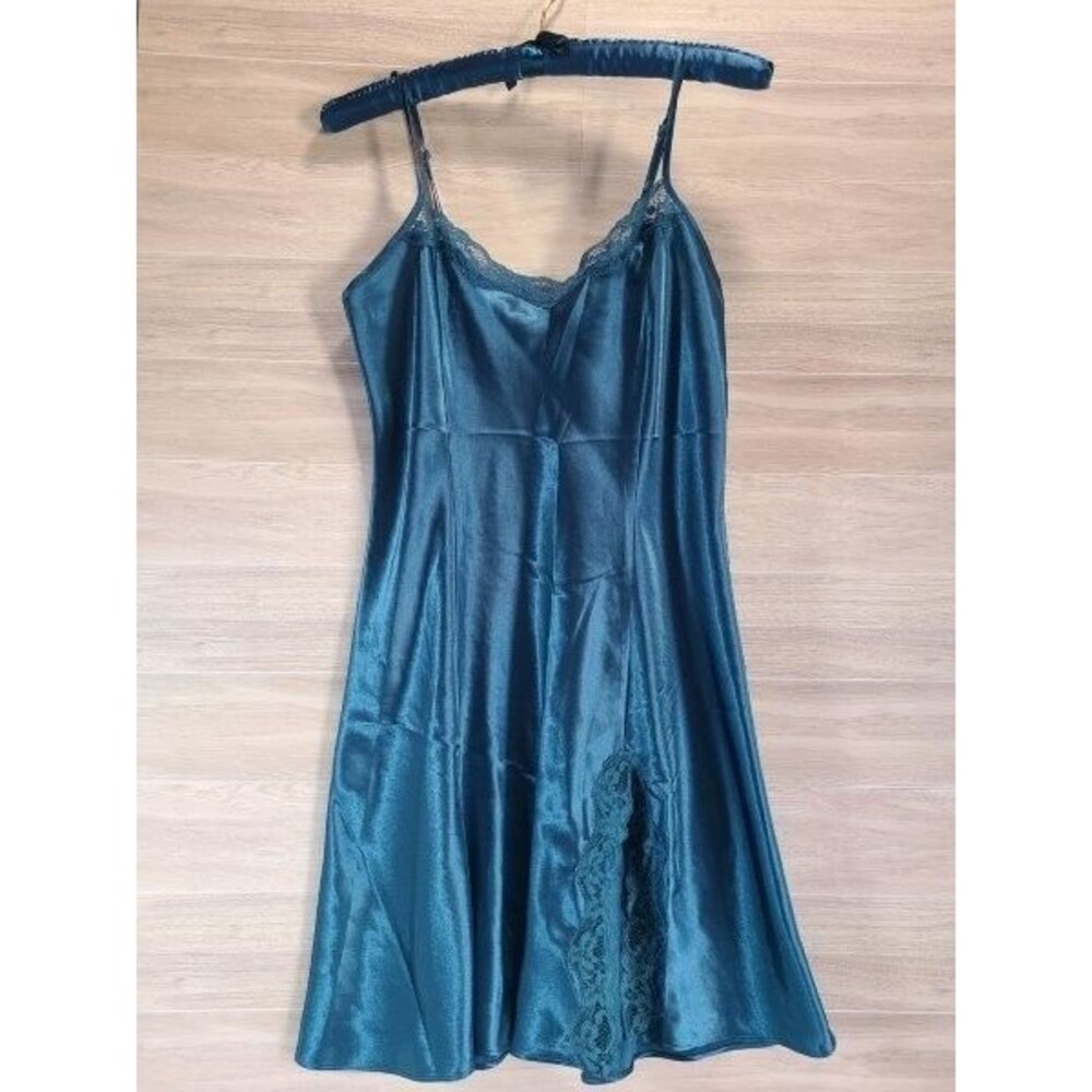 Intimate Moods Teal Satin Slip Dress Lace Trim Y2K Lingerie Nightgown Small S